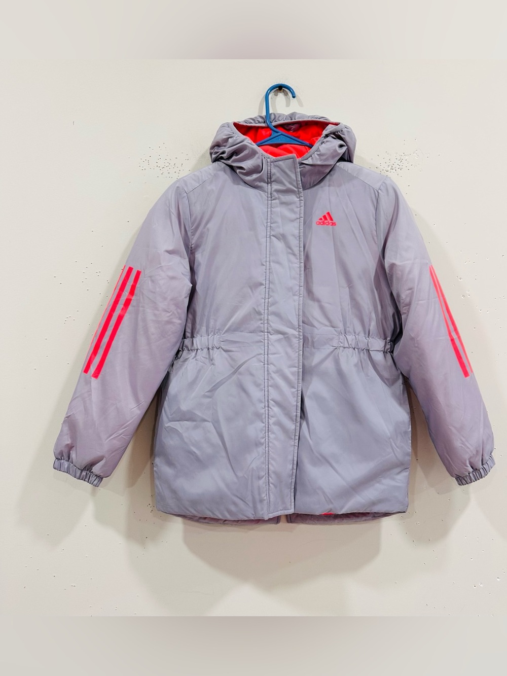 Adidas Girls Insulated Hooded Jacket Coat Gray Pink Size M 10/12 EW6337 Winter